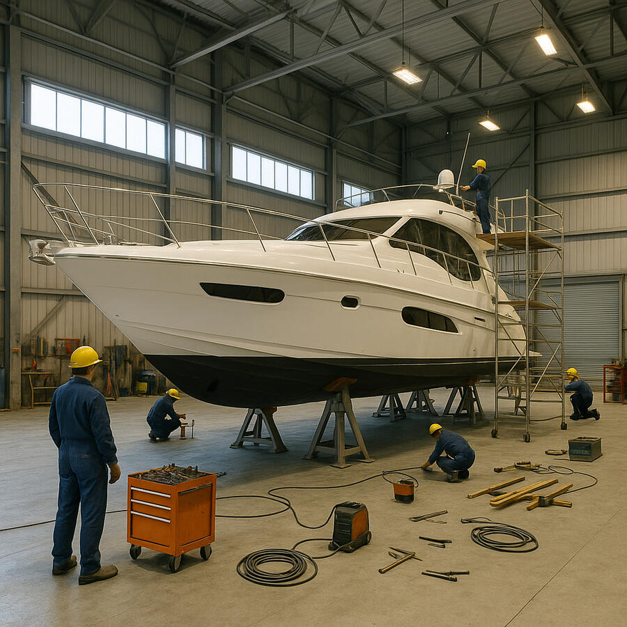 Port Vietnam Delta Nova Maritime Hub Yacht Being Serviced Inside Hangar